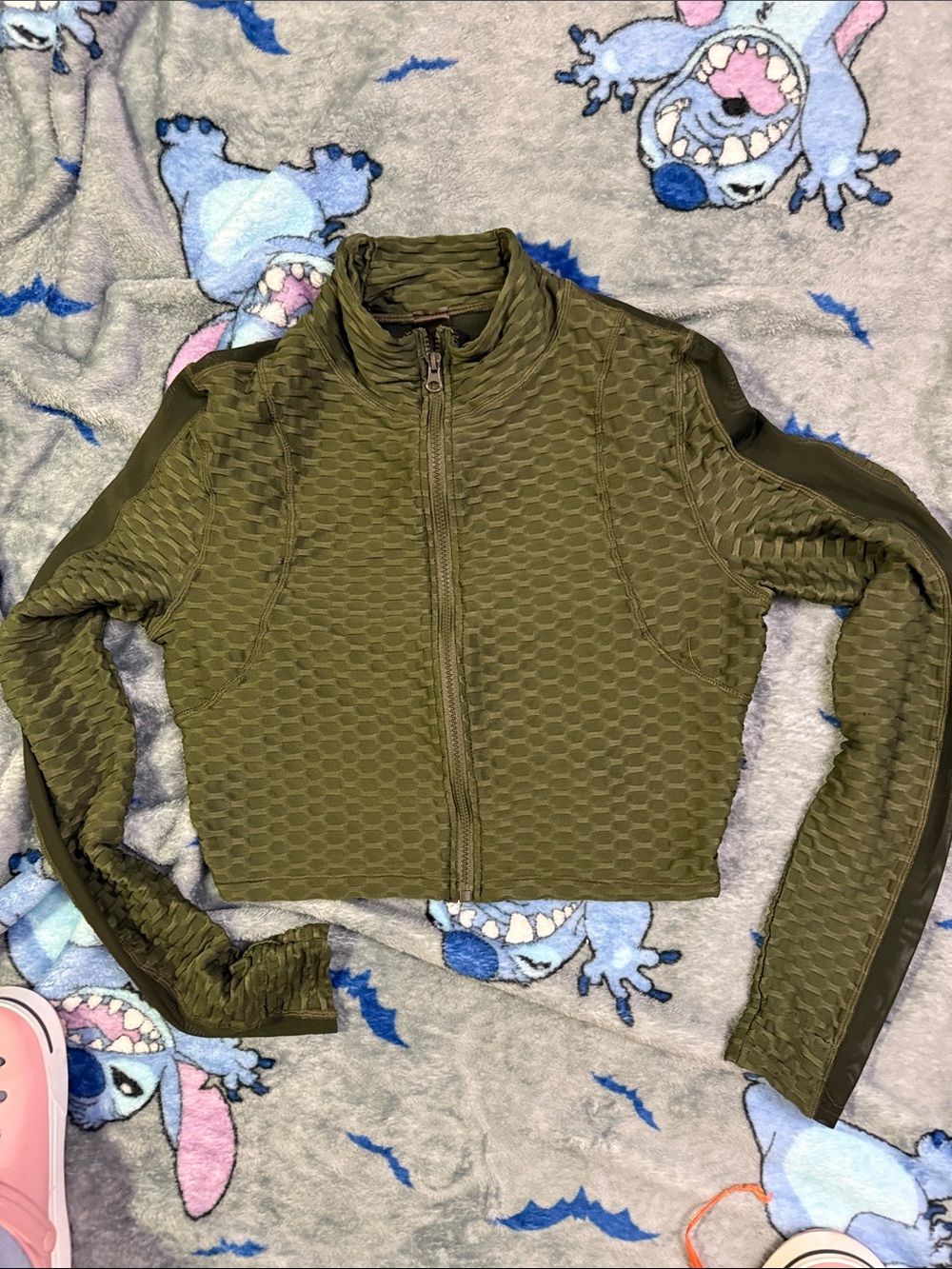 Olive Green Textured Long Sleeve Crop Top - Women